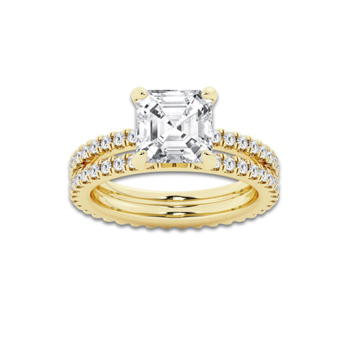3.89 ctw Asscher Lab-Grown Diamond Double Row Diamond Engagement Ring in 14K Yellow Gold for Women | Colorless E, VS1 Clarity, IGI Certified 3.00 ct Center Diamond