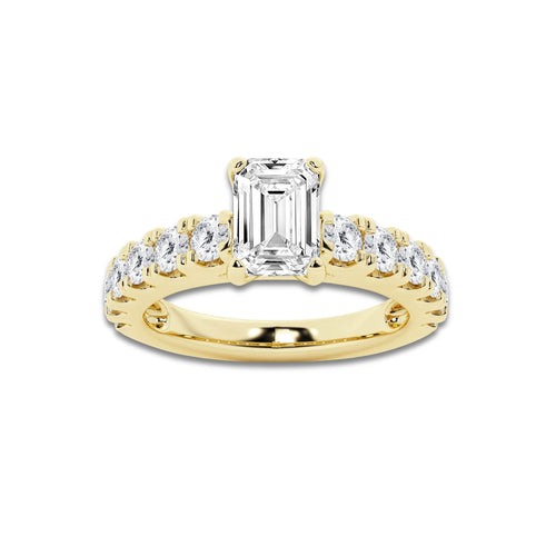2.00 ctw Emerald Lab-Grown Diamond Split-Prong Set Side Stone Engagement Ring in 14K Yellow Gold for Women | Colorless E, VS1 Clarity, IGI Certified 1.00 ct Center Diamond