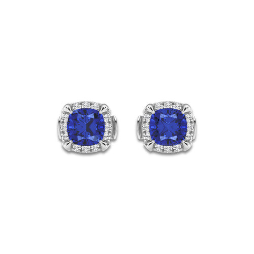 7.0x7.0 mm Cushion Cut Created Sapphire and 1/3 ctw Round Lab Grown Diamond Shadow Halo Stud Earrings Platinum