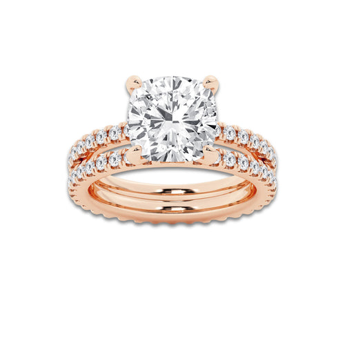 5.22 ctw Cushion Lab-Grown Diamond Double Row Diamond Engagement Ring in 14K Rose Gold for Women | Colorless D, VVS1 Clarity, IGI Certified 4.00 ct Center Diamond