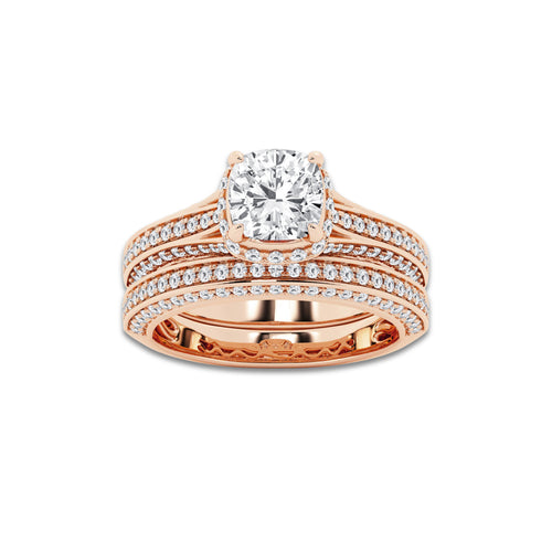 Gleam 2 1/2 ctw Cushion Lab Grown Diamond Channel Band Halo Bridal Set 14K Rose Gold, D, VVS | IGI Certified, 1 1/2 ct Center