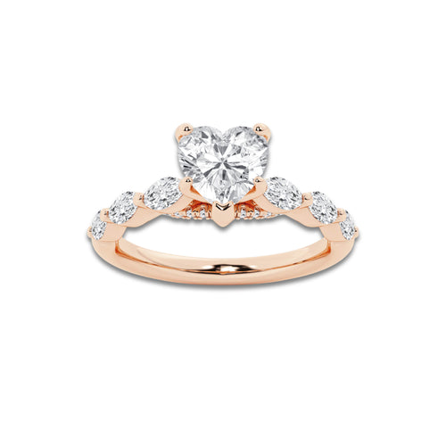 1.41 ctw Heart Lab-Grown Diamond Marquise Side Stone Engagement Ring in 14K Rose Gold for Women | Colorless D, VVS1 Clarity, IGI Certified 1.00 ct Center Diamond
