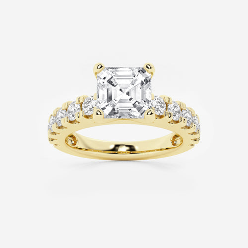 3.00 ctw Asscher Lab-Grown Diamond Split-Prong Set Side Stone Engagement Ring in 14K Yellow Gold for Women | Colorless E, VS1 Clarity, IGI Certified 2.00 ct Center Diamond