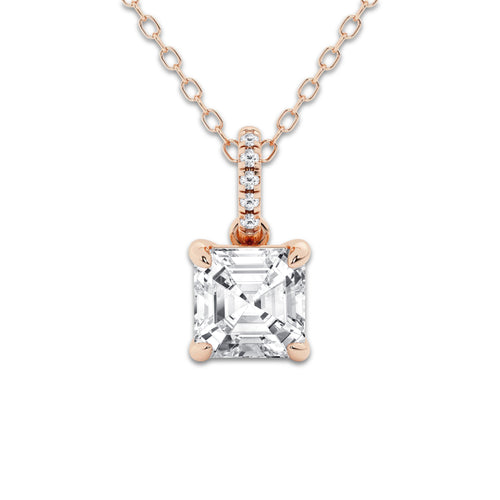 1 1/2 ctw Asscher Lab Grown Diamond Hidden Halo with Diamond Bail Pendant 14K Rose Gold, E, VS1 | IGI Certified, 1 1/2 ct Center