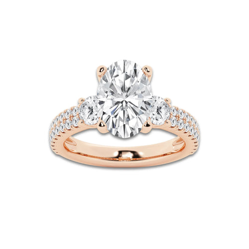 4.00 ctw Oval Lab-Grown Diamond Three Stone Double Row Engagement Ring in 14K Rose Gold for Women | E Color, VS1 Clarity, IGI Certified 3.00 ct Center Diamond