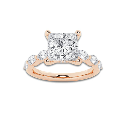 2.98 ctw Princess Lab-Grown Diamond Marquise Side Stone Engagement Ring in 14K Rose Gold for Women | Colorless D, VVS1 Clarity, IGI Certified 2.50 ct Center Diamond