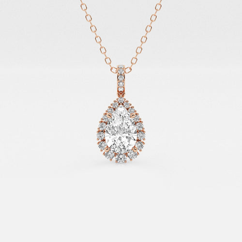 2 1/4 ctw Pear Lab Grown Diamond Halo Pendant with Adjustable Chain 18K Rose Gold, E, VS1 | IGI Certified, 2 ct Center