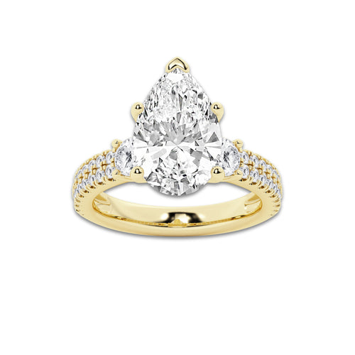 4.96 ctw Pear Lab-Grown Diamond Three Stone Double Row Engagement Ring in 14K Yellow Gold for Women | E Color, VS1 Clarity, IGI Certified 4.00 ct Center Diamond