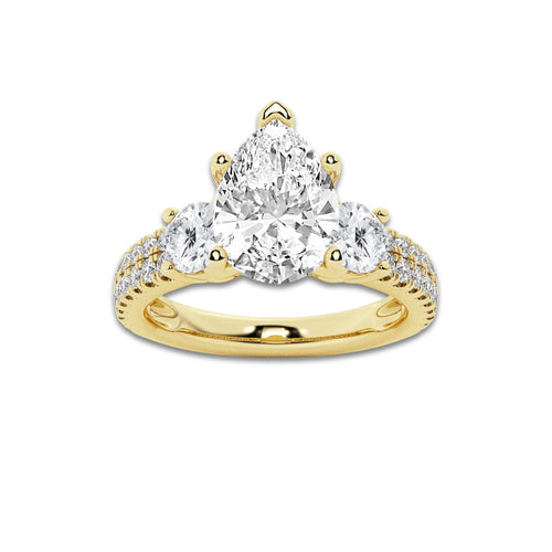 3.00 ctw Pear Lab-Grown Diamond Three Stone Double Row Engagement Ring in 14K Yellow Gold for Women | E Color, VS1 Clarity, IGI Certified 2.00 ct Center Diamond