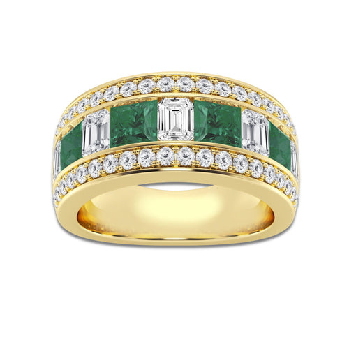 Bongo 4.90mm & 5.10mm Princess Cut Created Emerald and Emerald & Round Lab Grown Diamond Band 14K Yellow Gold, DE, VS1