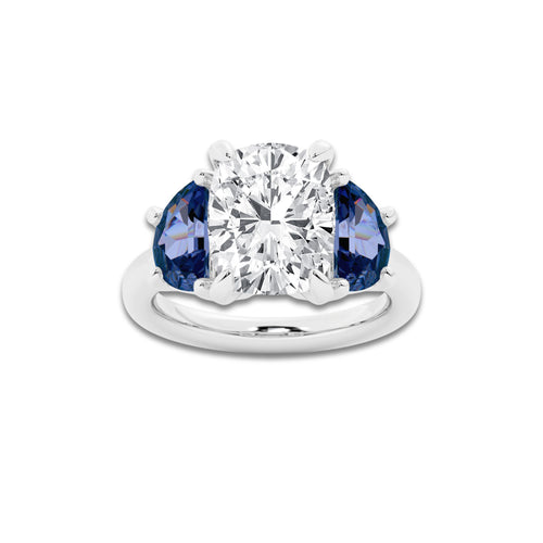 Snowdrop 4 ctw Elongated Cushion Lab Grown Diamond and 8.0x4.8mm Half Moon Shape Created Alexandrite Three Stone Engagement Ring 14K White Gold, D, VVS | IGI Certified, 4 ct Center