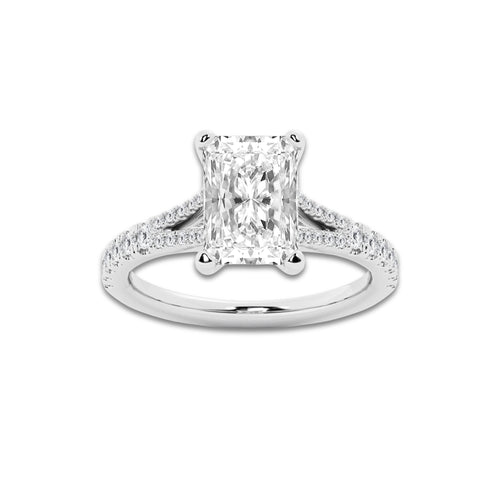 3.33 ctw Radiant Lab-Grown Diamond Split Shank Side Stone Engagement Ring in Platinum for Women | Colorless E, VS1 Clarity, IGI Certified 3.00 ct Center Diamond