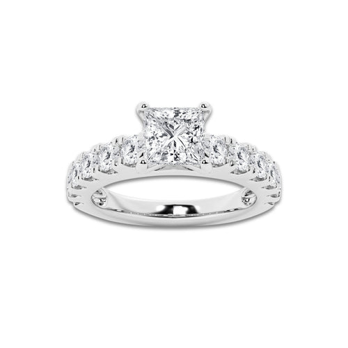 2.00 ctw Princess Lab-Grown Diamond Split-Prong Set Side Stone Engagement Ring in 14K White Gold for Women | Colorless E, VS1 Clarity, IGI Certified 1.00 ct Center Diamond