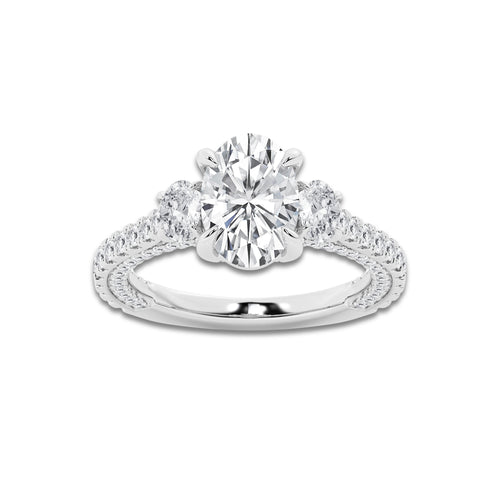 4 1/2 ctw Oval Lab Grown Diamond Three Stone Engagement Ring with Side Diamonds Platinum, D, VVS | 3 ct Center