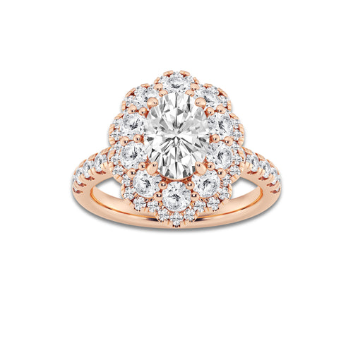 2 7/8 ctw Oval Lab Grown Diamond Double Scalloped Halo Engagement Ring 14K Rose Gold, D, VVS | IGI Certified, 1 1/2 ct Center