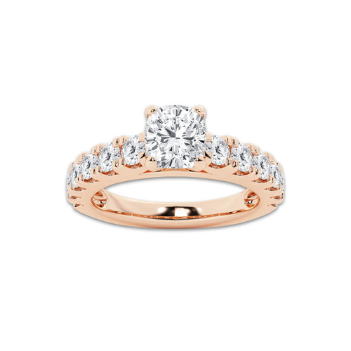 2.00 ctw Cushion Lab-Grown Diamond Split-Prong Set Side Stone Engagement Ring in 14K Rose Gold for Women | Colorless E, VS1 Clarity, IGI Certified 1.00 ct Center Diamond