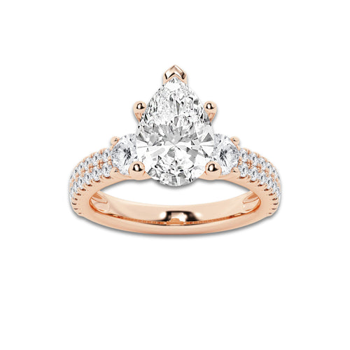 4.00 ctw Pear Lab-Grown Diamond Three Stone Double Row Engagement Ring in 14K Rose Gold for Women | E Color, VS1 Clarity, IGI Certified 3.00 ct Center Diamond