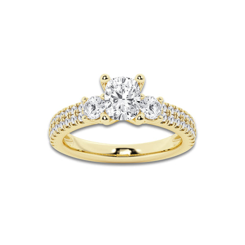 1.46 ctw Elongated Cushion Lab-Grown Diamond Three Stone Double Row Engagement Ring in 14K Yellow Gold for Women | E Color, VS1 Clarity, IGI Certified 0.75 ct Center Diamond