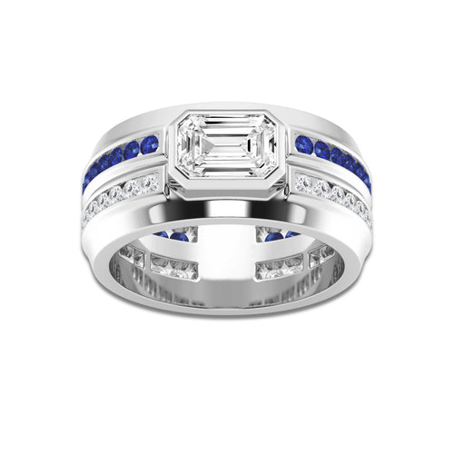 1 5/8 ctw Emerald Lab Grow Diamond and 1.70mm Round Created Sapphire Wedding Band 14K White Gold, E, VS1 | IGI Certified, 1 ct Center
