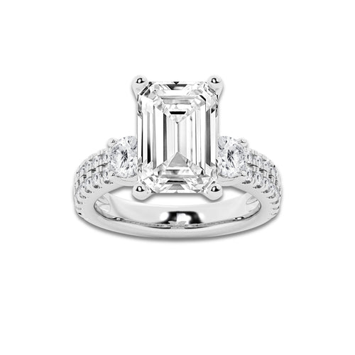 6.96 ctw Emerald Lab-Grown Diamond Three Stone Double Row Engagement Ring in Platinum for Women | E Color, VS1 Clarity, IGI Certified 6.00 ct Center Diamond