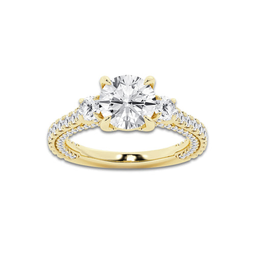 Hyacinth 4 1/2 ctw Round Lab Grown Diamond Three Stone Engagement Ring with Side Diamonds 14K Yellow Gold, D, VVS | IGI Certified, 3 ct Center