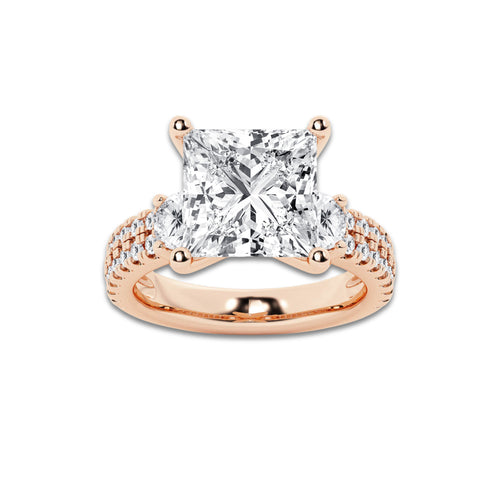 6.96 ctw Princess Lab-Grown Diamond Three Stone Double Row Engagement Ring in 14K Rose Gold for Women | E Color, VS1 Clarity, IGI Certified 6.00 ct Center Diamond
