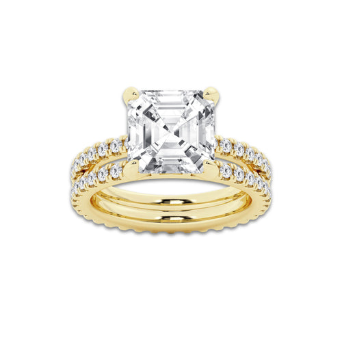6.22 ctw Asscher Lab-Grown Diamond Double Row Diamond Engagement Ring in 14K Yellow Gold for Women | Colorless E, VS1 Clarity, IGI Certified 5.00 ct Center Diamond