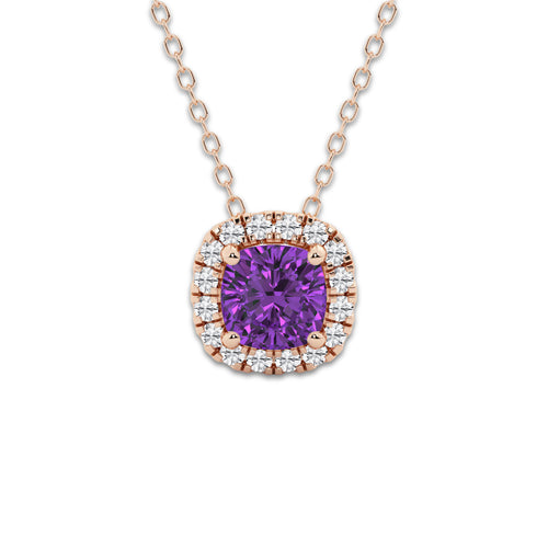 5.7x5.5 mm Cushion Cut Created Amethyst and 1/5 ctw Round Lab Grown Diamond Halo Pendant with Adjustable Chain 14K Rose Gold