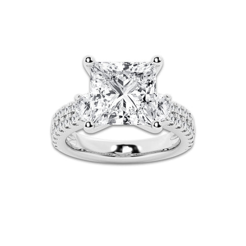 6.96 ctw Princess Lab-Grown Diamond Three Stone Double Row Engagement Ring in 14K White Gold for Women | D Color, VVS1 Clarity, IGI Certified 6.00 ct Center Diamond