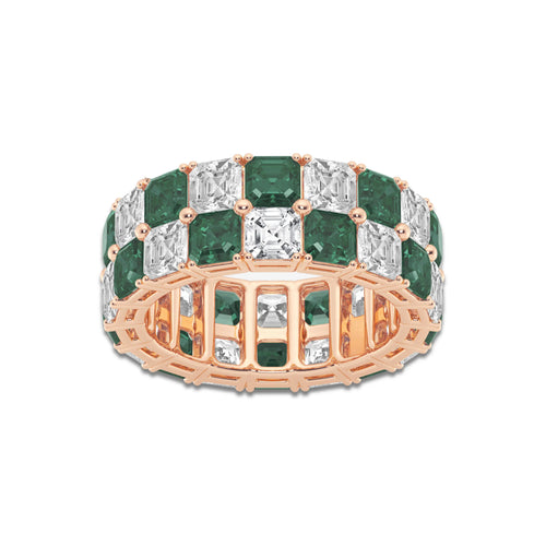 Celeste 3.6x3.6 mm Asscher Cut Created Emerald and 5 1/2 ctw Asscher Lab Grown Diamond Alternating Two Row Eternity Band - 7.4mm Width 14K Rose Gold