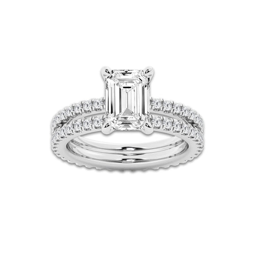 3.39 ctw Emerald Lab-Grown Diamond Double Row Diamond Engagement Ring in 14K White Gold for Women | Colorless E, VS1 Clarity, IGI Certified 2.50 ct Center Diamond