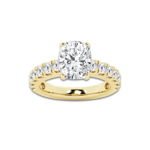 4.00 ctw Elongated Cushion Lab-Grown Diamond Split-Prong Set Side Stone Engagement Ring in 14K Yellow Gold for Women | Colorless D, VVS1 Clarity, IGI Certified 3.00 ct Center Diamond