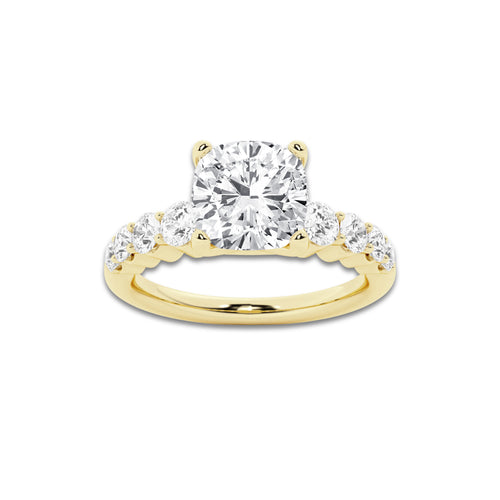 2.54 ctw Cushion Lab-Grown Diamond Side Stone Engagement Ring in 14K Yellow Gold for Women | Colorless D, VVS1 Clarity, IGI Certified 2.00 Ct Center Diamond