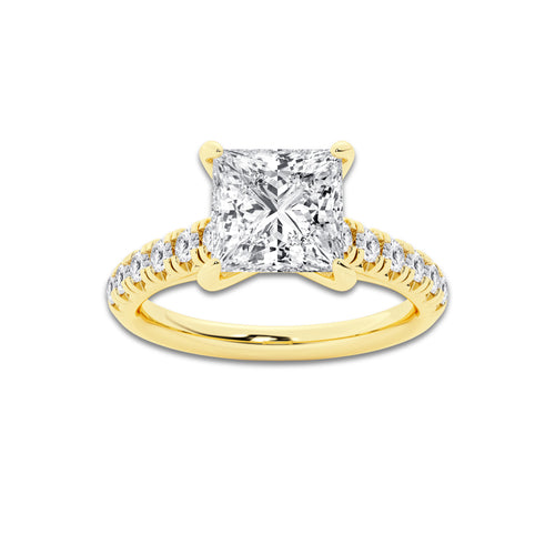 2.41 ctw Princess Lab-Grown Diamond Pave Engagement Ring in 14K Yellow Gold for Women | E Color, VS1 Clarity, IGI Certified 2.00 ct Center Diamond