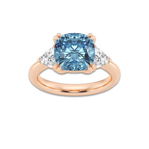 Thalia 3 3/4 ctw Fancy Blue Cushion Lab Grown Diamond Three Stone Engagement Ring 14K Rose Gold | 3 ct Center