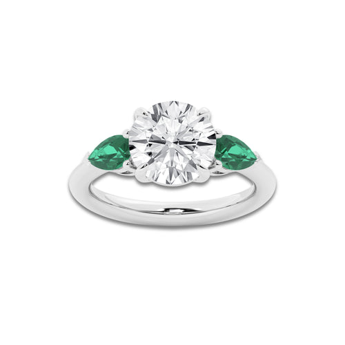 3 ctw Round Lab Grown Diamond and 6.0x3.8 mm Pear Shape Created Emerald Side Stone Engagement Ring Platinum, E, VS1 | 3 ct Center