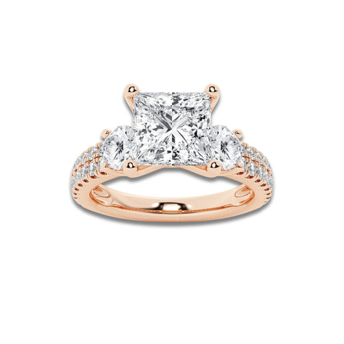 2.25 ctw Princess Lab-Grown Diamond Three Stone Double Row Engagement Ring in 14K Rose Gold for Women | E Color, VS1 Clarity, IGI Certified 1.50 ct Center Diamond