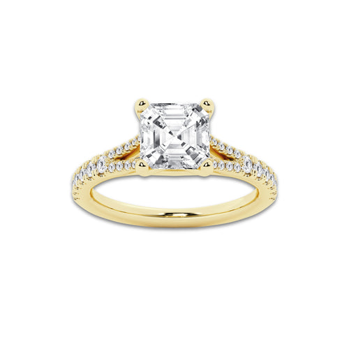 2.83 ctw Asscher Lab-Grown Diamond Split Shank Side Stone Engagement Ring in 14K Yellow Gold for Women | Colorless E, VS1 Clarity, IGI Certified 2.50 ct Center Diamond