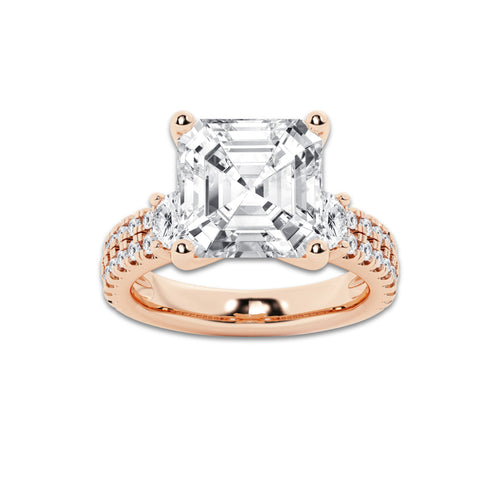 7.96 ctw Asscher Lab-Grown Diamond Three Stone Double Row Engagement Ring in 14K Rose Gold for Women | E Color, VS1 Clarity, IGI Certified 7.00 ct Center Diamond