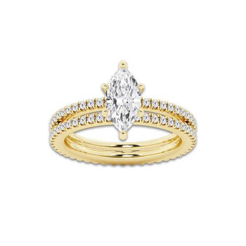 1.69 ctw Marquise Lab-Grown Diamond Double Row Diamond Engagement Ring in 14K Yellow Gold for Women | Colorless E, VS1 Clarity, IGI Certified 1.00 ct Center Diamond