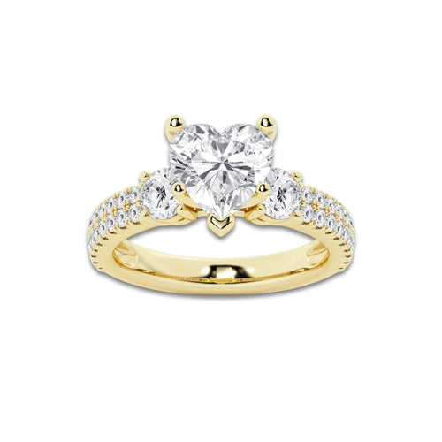 3.50 ctw Heart Lab-Grown Diamond Three Stone Double Row Engagement Ring in 14K Yellow Gold for Women | D Color, VVS1 Clarity, IGI Certified 2.50 ct Center Diamond