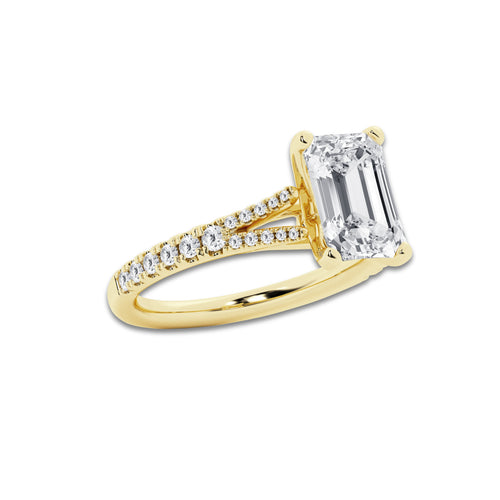 7.66 ctw Emerald Lab-Grown Diamond Split Shank Side Stone Engagement Ring in 14K Yellow Gold for Women | Colorless D, VVS1 Clarity, IGI Certified 7.00 ct Center Diamond