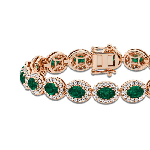 8 1/2 Oval Cut Created Emerald and Round Lab Grown Diamond Bracelet - 7 Inches 14K Rose Gold