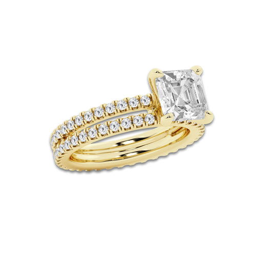3.39 ctw Asscher Lab-Grown Diamond Double Row Diamond Engagement Ring in 14K Yellow Gold for Women | Colorless E, VS1 Clarity, IGI Certified 2.50 ct Center Diamond