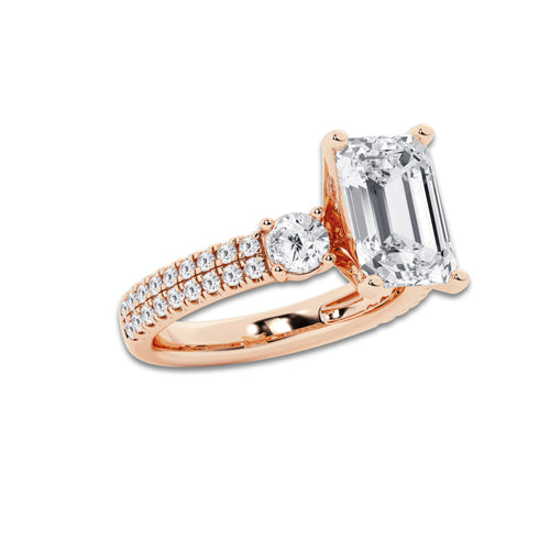 4.96 ctw Emerald Lab-Grown Diamond Three Stone Double Row Engagement Ring in 14K Rose Gold for Women | D Color, VVS1 Clarity, IGI Certified 4.00 ct Center Diamond