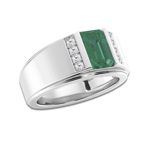 9 x 6 mm Radiant Cut Created Emerald and 1/6 ctw Round Lab Grown Diamond Side Stones Engagement Ring 14K White Gold