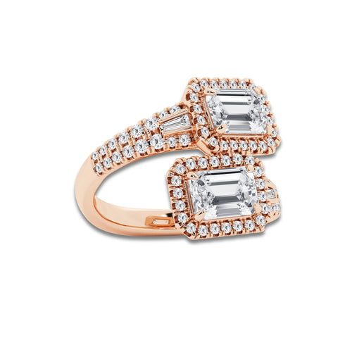 Orion 3 3/4 ctw Emerald Lab Grown Diamond Halo Bypass Engagement Ring 18K Rose Gold, D, VVS | IGI Certified