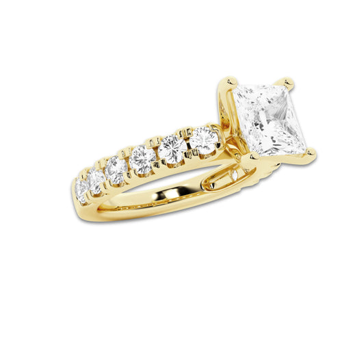 2.50 ctw Princess Lab-Grown Diamond Split-Prong Set Side Stone Engagement Ring in 14K Yellow Gold for Women | Colorless E, VS1 Clarity, IGI Certified 1.50 ct Center Diamond