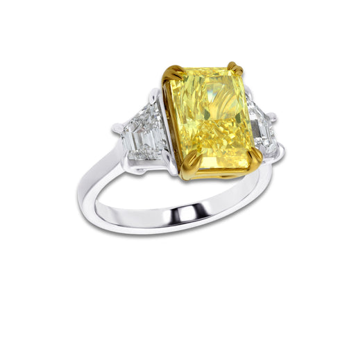Lira 6 3/4 ctw Fancy Yellow Radiant Lab Grown Diamond with Trapezoid Three-Stone Engagement Ring 14K Two-Tone White & Yellow Gold | 4 3/5 ct Center