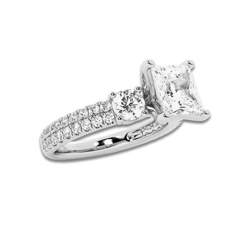 2.25 ctw Princess Lab-Grown Diamond Three Stone Double Row Engagement Ring in 14K White Gold for Women | D Color, VVS1 Clarity, IGI Certified 1.50 ct Center Diamond